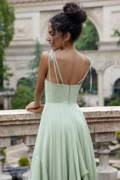 Matcha A Line Spaghetti Correias Vestido Longo Madrinha com Folhos