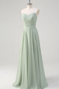Matcha A Line Strapless Ruched Chiffon Vestido Longo Madrinha
