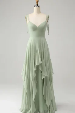 Matcha A-Line Esparguete Alças Chiffon Vestido Madrinha com Folhos