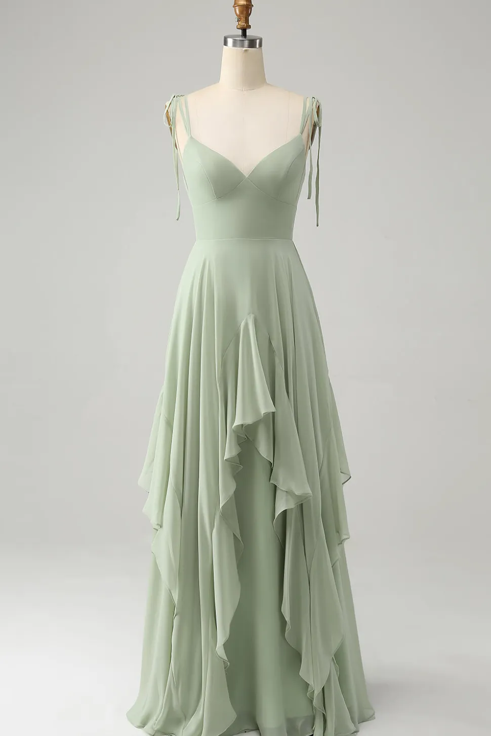 Matcha A-Line Esparguete Alças Chiffon Vestido Madrinha com Folhos
