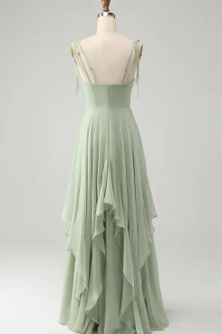 Matcha A-Line Esparguete Alças Chiffon Vestido Madrinha com Folhos