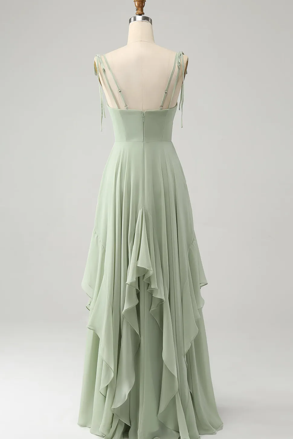 Matcha A-Line Esparguete Alças Chiffon Vestido Madrinha com Folhos