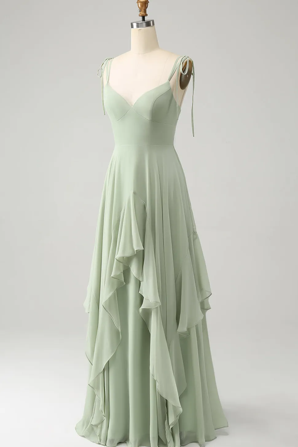 Matcha A-Line Esparguete Alças Chiffon Vestido Madrinha com Folhos