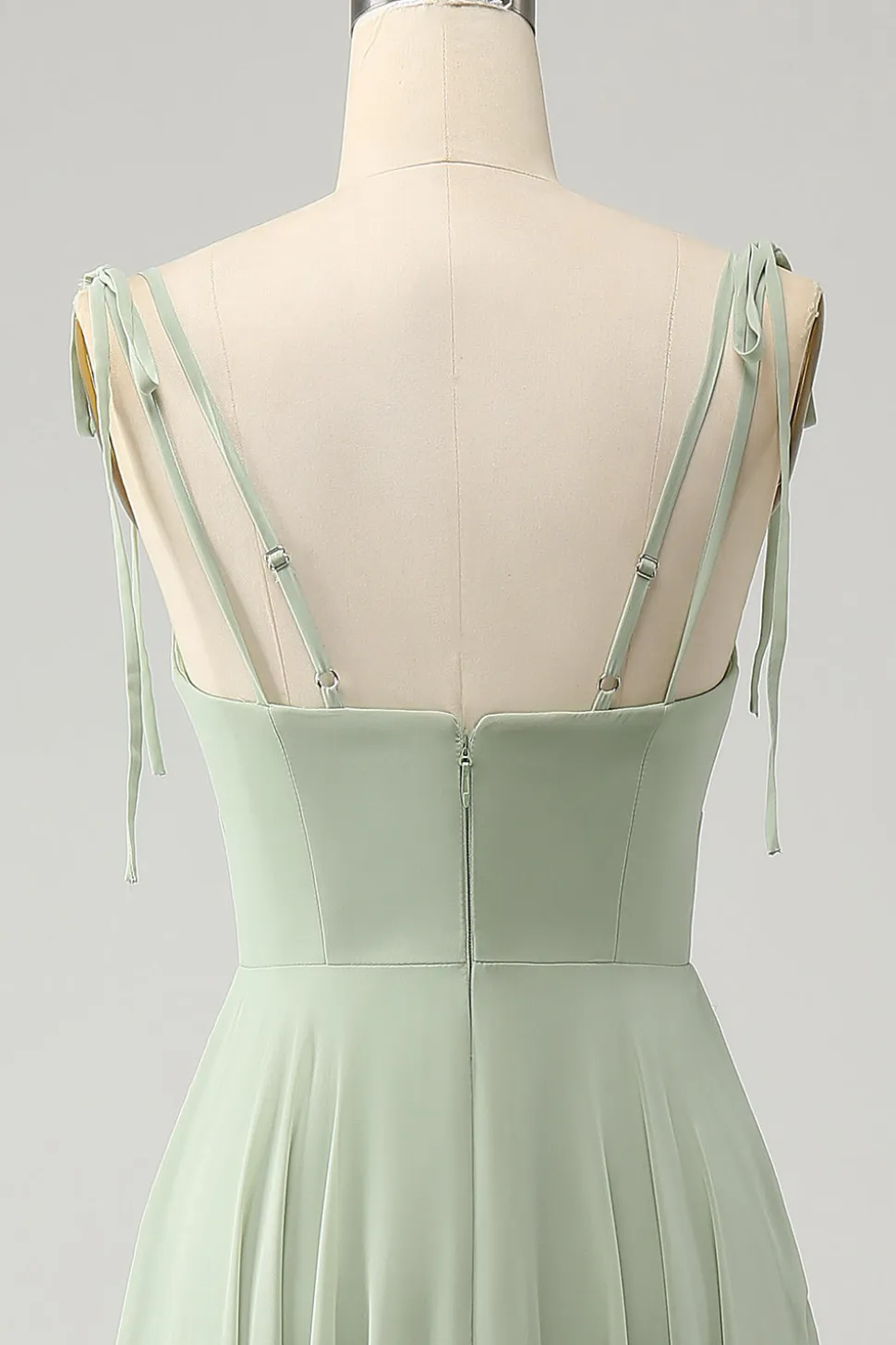Matcha A-Line Esparguete Alças Chiffon Vestido Madrinha com Folhos