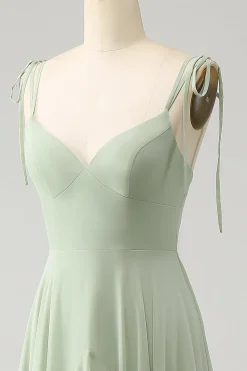 Matcha A-Line Esparguete Alças Chiffon Vestido Madrinha com Folhos