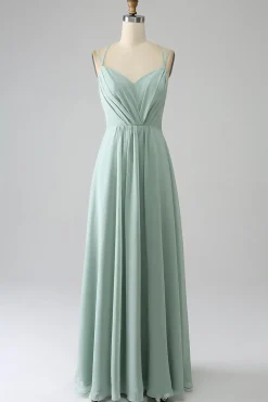Matcha A-Line Esparguete Correias Backless plissado longo vestido de dama de honra