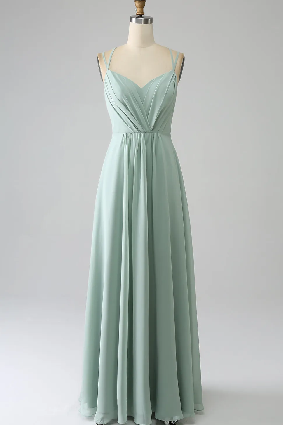 Matcha A-Line Esparguete Correias Backless plissado longo vestido de dama de honra