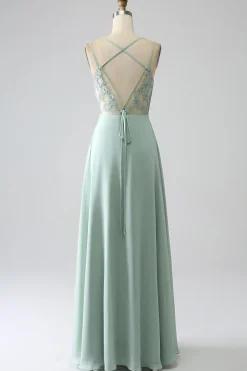 Matcha A-Line Esparguete Correias Backless plissado longo vestido de dama de honra