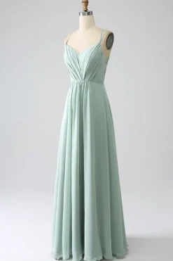 Matcha A-Line Esparguete Correias Backless plissado longo vestido de dama de honra
