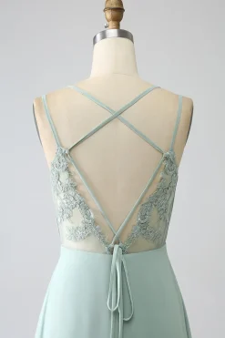 Matcha A-Line Esparguete Correias Backless plissado longo vestido de dama de honra