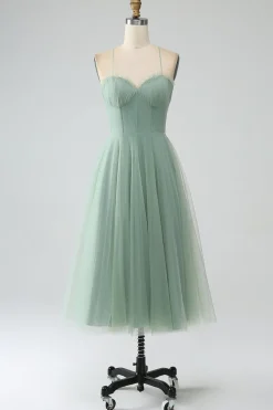Matcha A-Line Esparguete Correias Tea-Length Corset Tule Vestido Madrinha