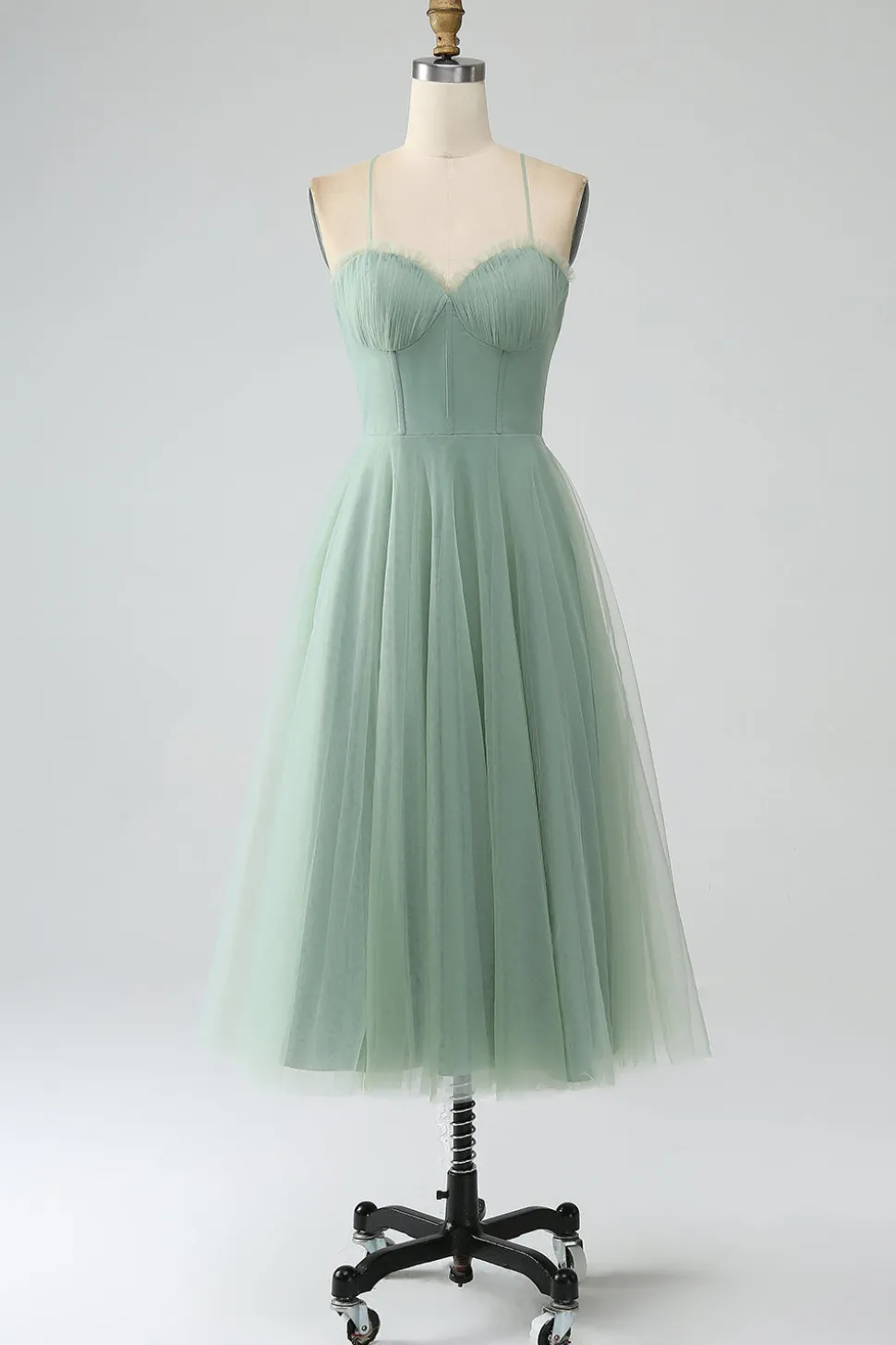 Matcha A-Line Esparguete Correias Tea-Length Corset Tule Vestido Madrinha