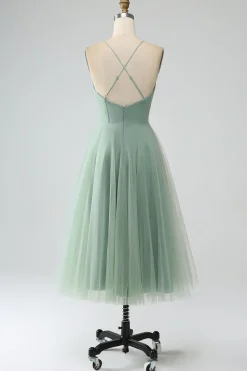 Matcha A-Line Esparguete Correias Tea-Length Corset Tule Vestido Madrinha