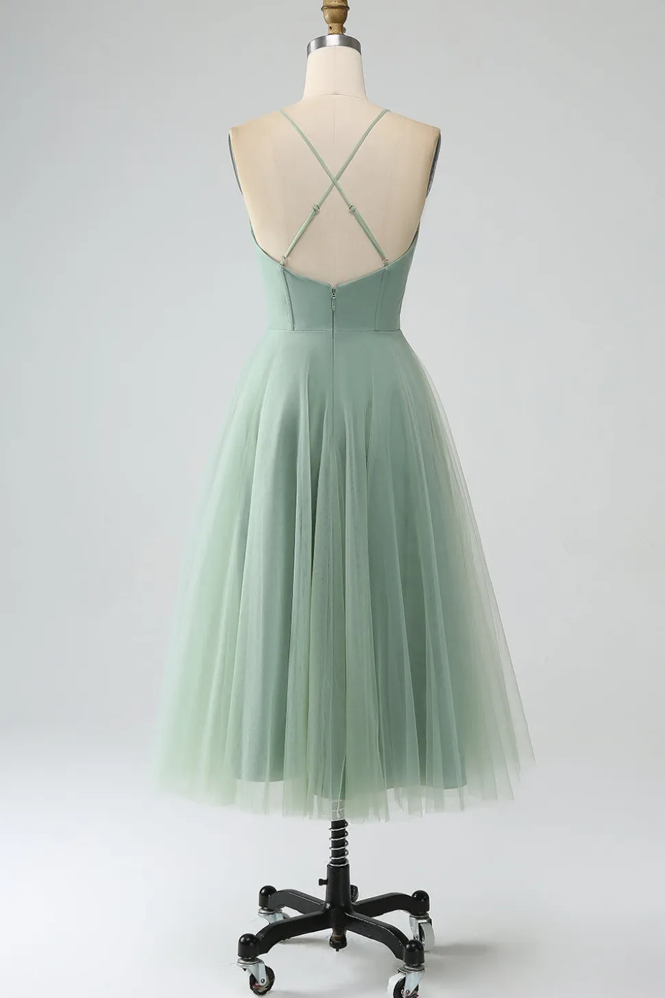 Matcha A-Line Esparguete Correias Tea-Length Corset Tule Vestido Madrinha