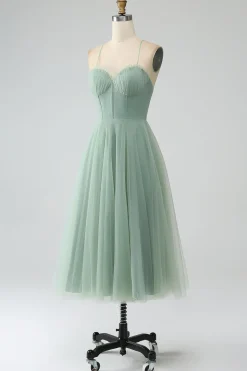 Matcha A-Line Esparguete Correias Tea-Length Corset Tule Vestido Madrinha