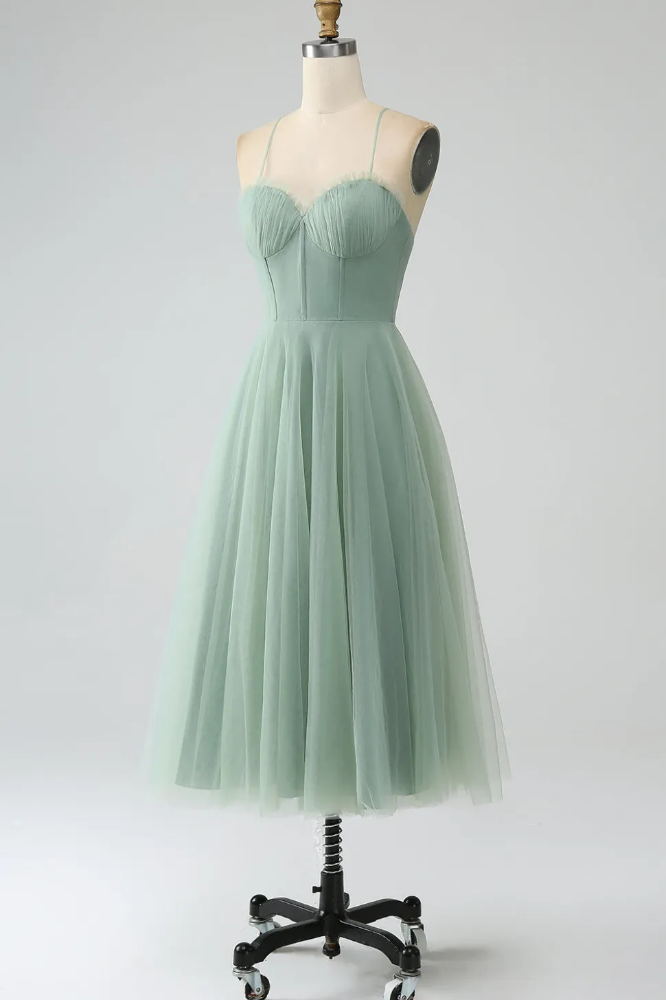 Matcha A-Line Esparguete Correias Tea-Length Corset Tule Vestido Madrinha