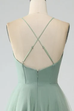 Matcha A-Line Esparguete Correias Tea-Length Corset Tule Vestido Madrinha
