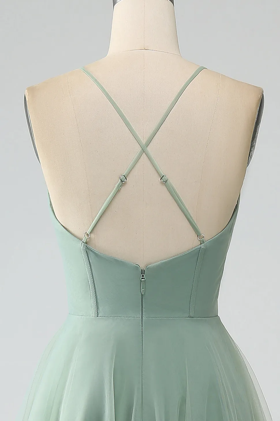 Matcha A-Line Esparguete Correias Tea-Length Corset Tule Vestido Madrinha