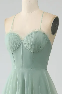 Matcha A-Line Esparguete Correias Tea-Length Corset Tule Vestido Madrinha
