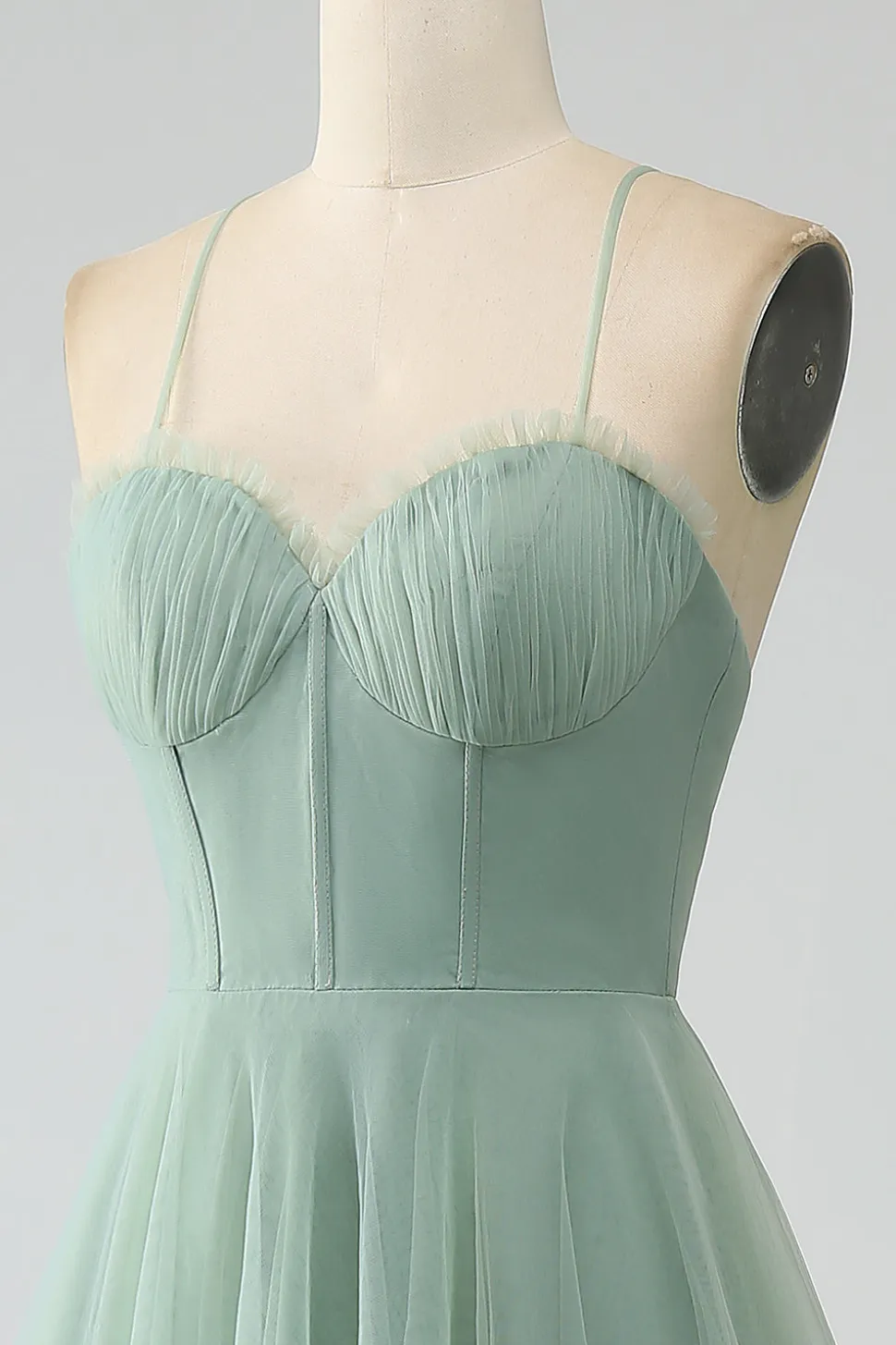Matcha A-Line Esparguete Correias Tea-Length Corset Tule Vestido Madrinha