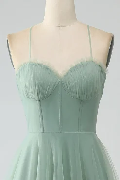 Matcha A-Line Esparguete Correias Tea-Length Corset Tule Vestido Madrinha