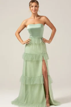 Matcha A-Line Strapless Vestido Longo Madrinha com Folhos