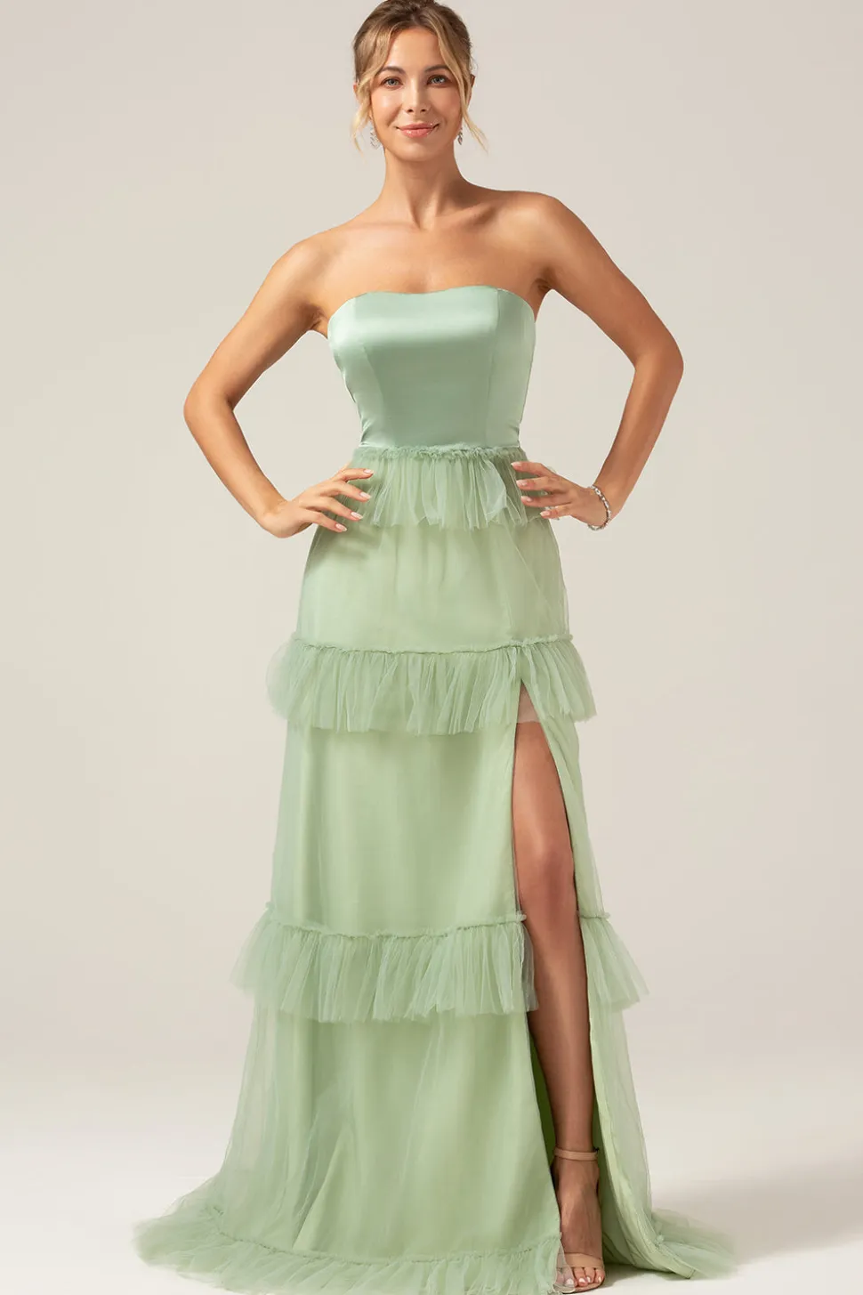 Matcha A-Line Strapless Vestido Longo Madrinha com Folhos