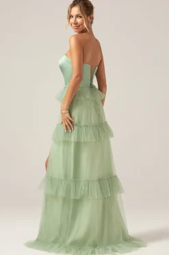 Matcha A-Line Strapless Vestido Longo Madrinha com Folhos