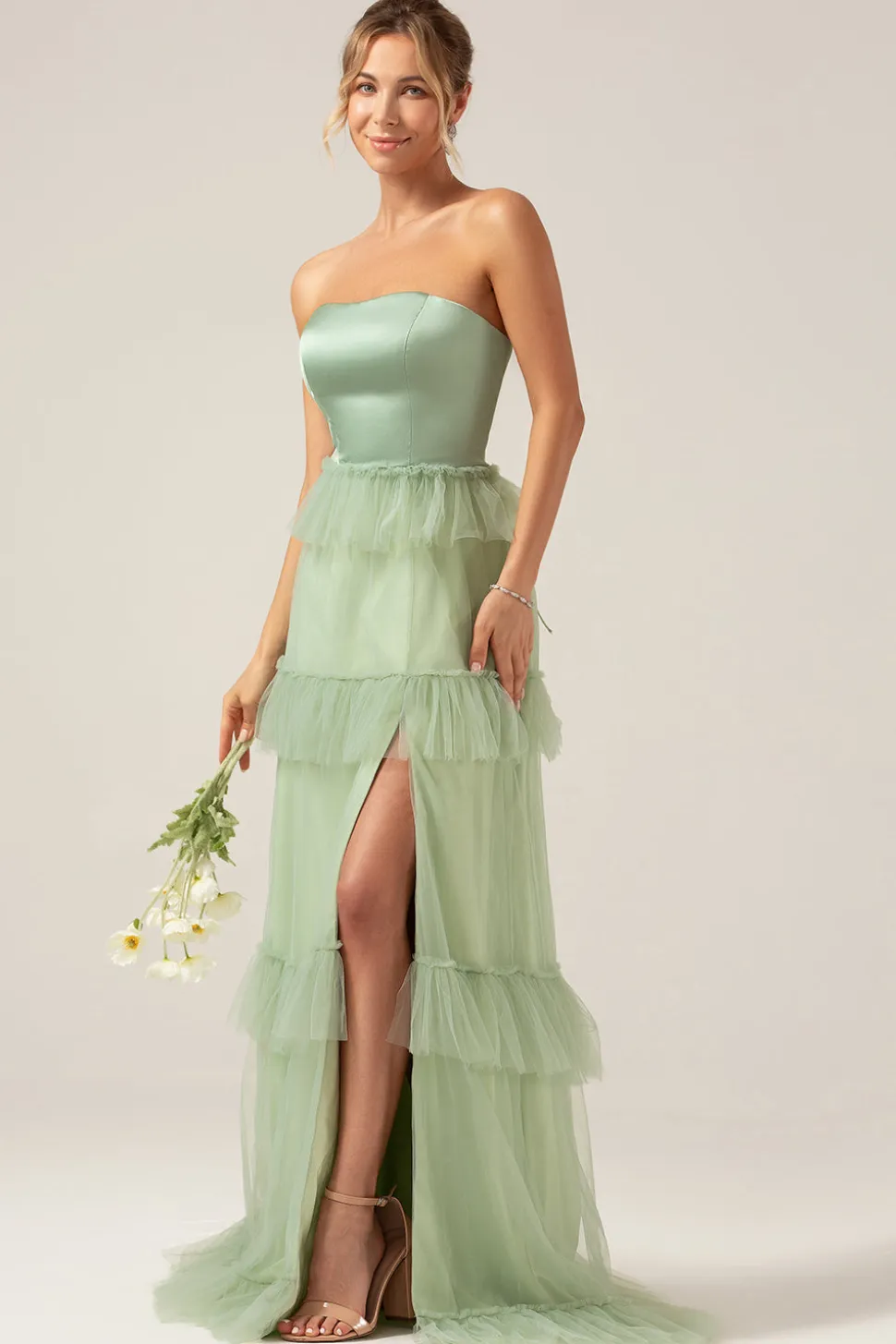 Matcha A-Line Strapless Vestido Longo Madrinha com Folhos
