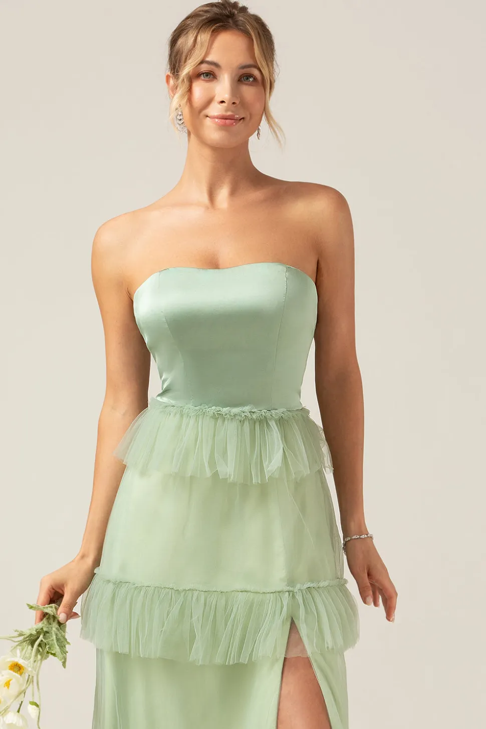 Matcha A-Line Strapless Vestido Longo Madrinha com Folhos