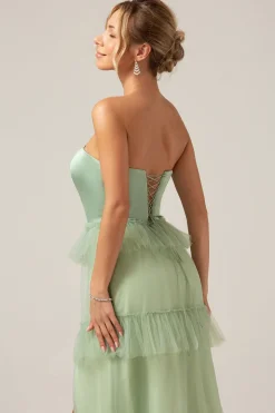 Matcha A-Line Strapless Vestido Longo Madrinha com Folhos