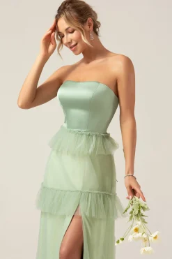 Matcha A-Line Strapless Vestido Longo Madrinha com Folhos
