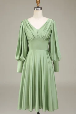 Matcha A-Line V-Neck cetim vestido de dama de honra com mangas compridas