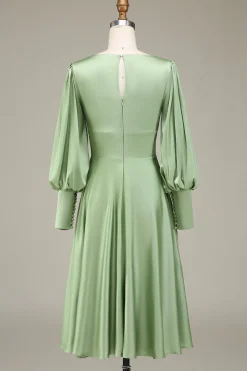 Matcha A-Line V-Neck cetim vestido de dama de honra com mangas compridas