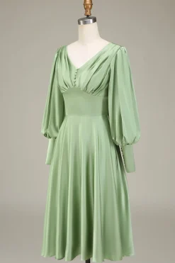Matcha A-Line V-Neck cetim vestido de dama de honra com mangas compridas