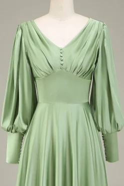 Matcha A-Line V-Neck cetim vestido de dama de honra com mangas compridas