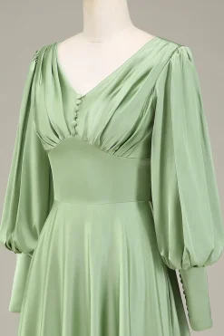 Matcha A-Line V-Neck cetim vestido de dama de honra com mangas compridas