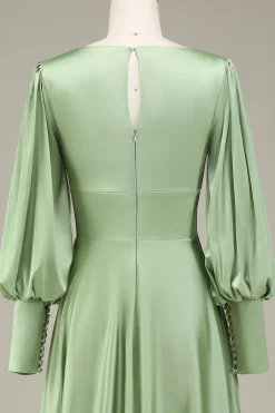 Matcha A-Line V-Neck cetim vestido de dama de honra com mangas compridas