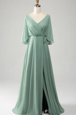 Matcha Batwing mangas longo Chiffon vestido de dama de honra com fenda