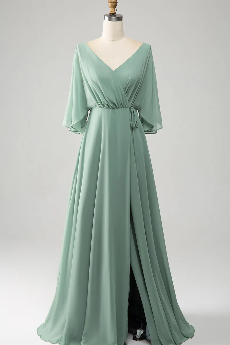 Matcha Batwing mangas longo Chiffon vestido de dama de honra com fenda