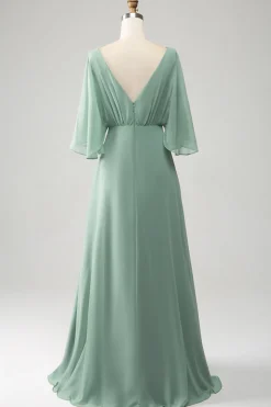 Matcha Batwing mangas longo Chiffon vestido de dama de honra com fenda