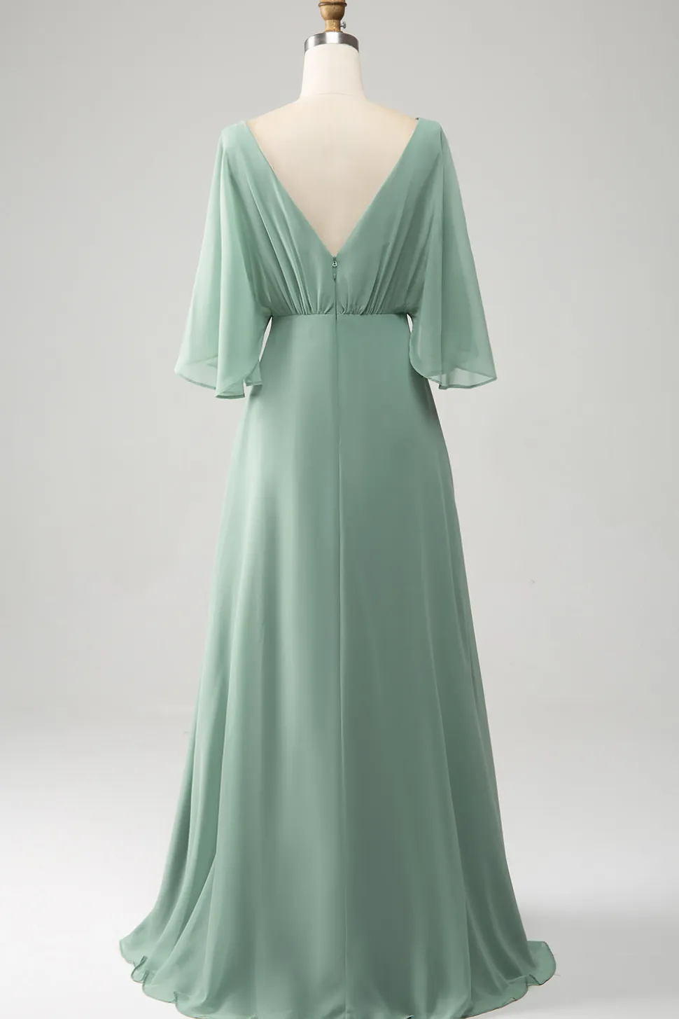 Matcha Batwing mangas longo Chiffon vestido de dama de honra com fenda