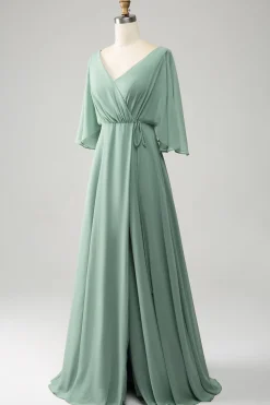 Matcha Batwing mangas longo Chiffon vestido de dama de honra com fenda