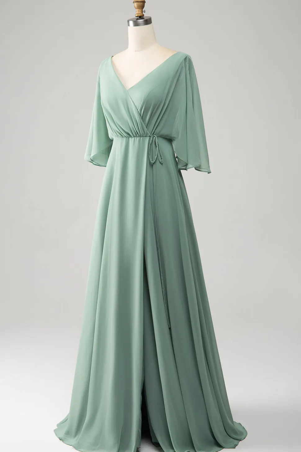 Matcha Batwing mangas longo Chiffon vestido de dama de honra com fenda