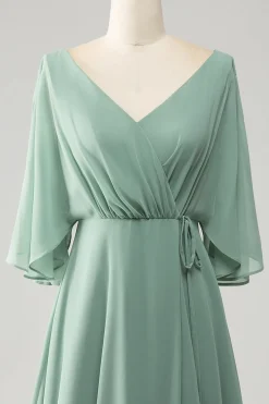 Matcha Batwing mangas longo Chiffon vestido de dama de honra com fenda