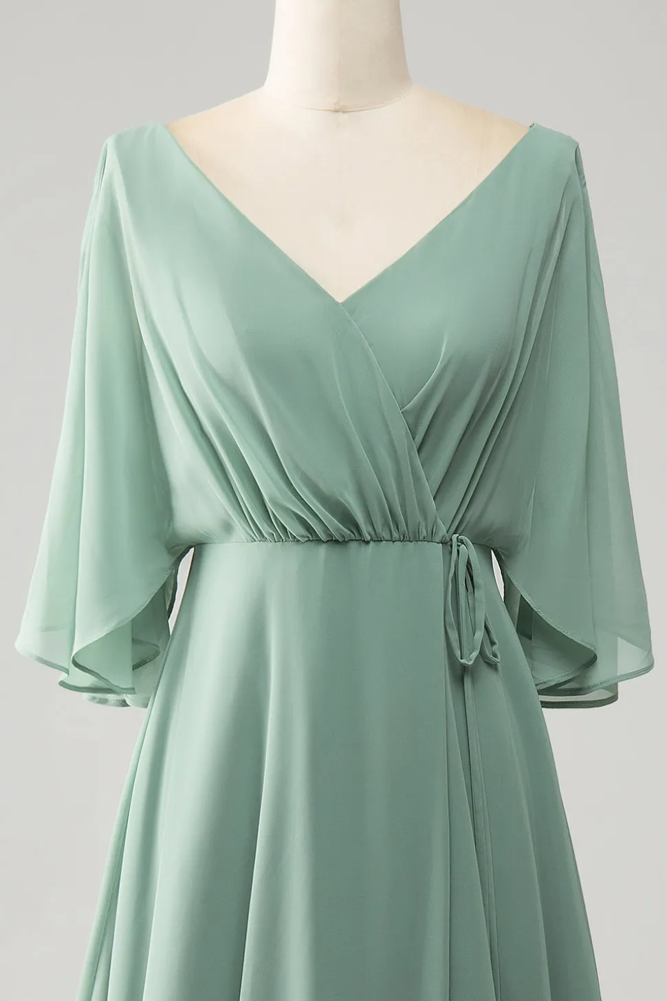 Matcha Batwing mangas longo Chiffon vestido de dama de honra com fenda