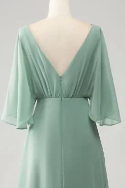 Matcha Batwing mangas longo Chiffon vestido de dama de honra com fenda