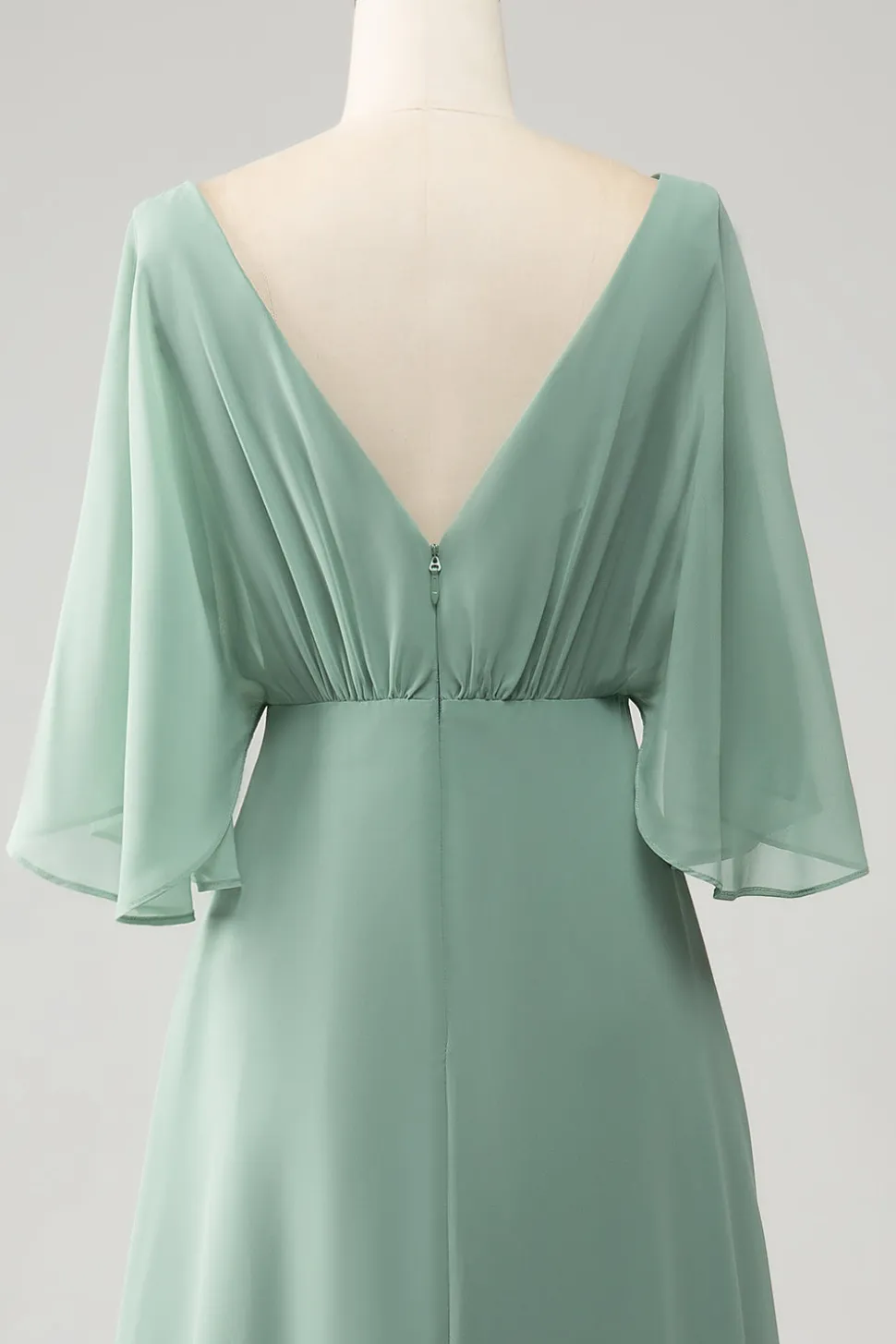 Matcha Batwing mangas longo Chiffon vestido de dama de honra com fenda