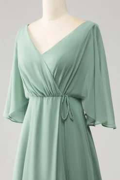 Matcha Batwing mangas longo Chiffon vestido de dama de honra com fenda
