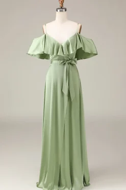 Matcha Esparguete Correias Ombro Frio A-line Cetim Vestido Madrinha